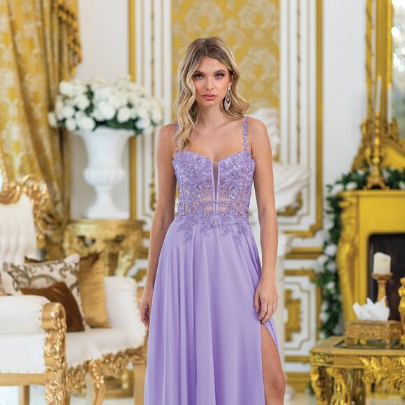 New Long A-Line Special Occasion Gown w/ Glitter Floral Lace & Leg Slit DQ 4531 - Picture 1 of 8